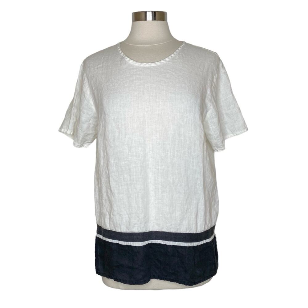 Flax Cream Black Trim Linen Short Sleeve Top Women's Small Minimalist Lagenlook‎